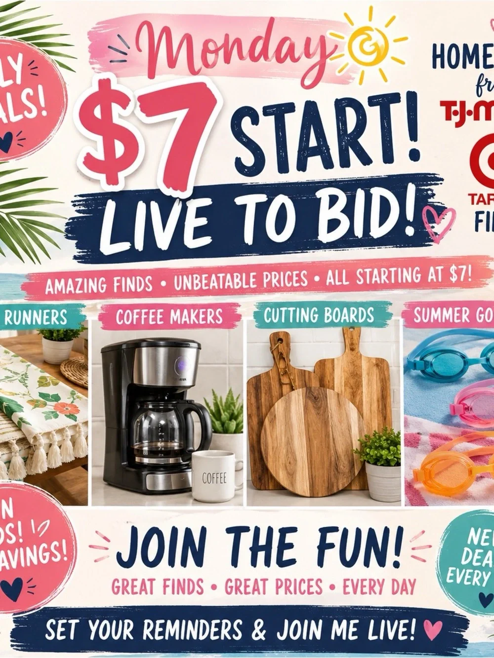 $7 Live to Bid! Colorful Summer Finds Sale Graphic